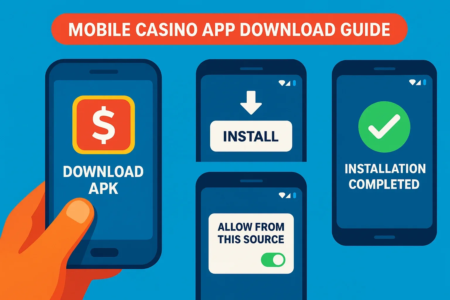 Android phone infographic showing mobile casino app APK installation steps