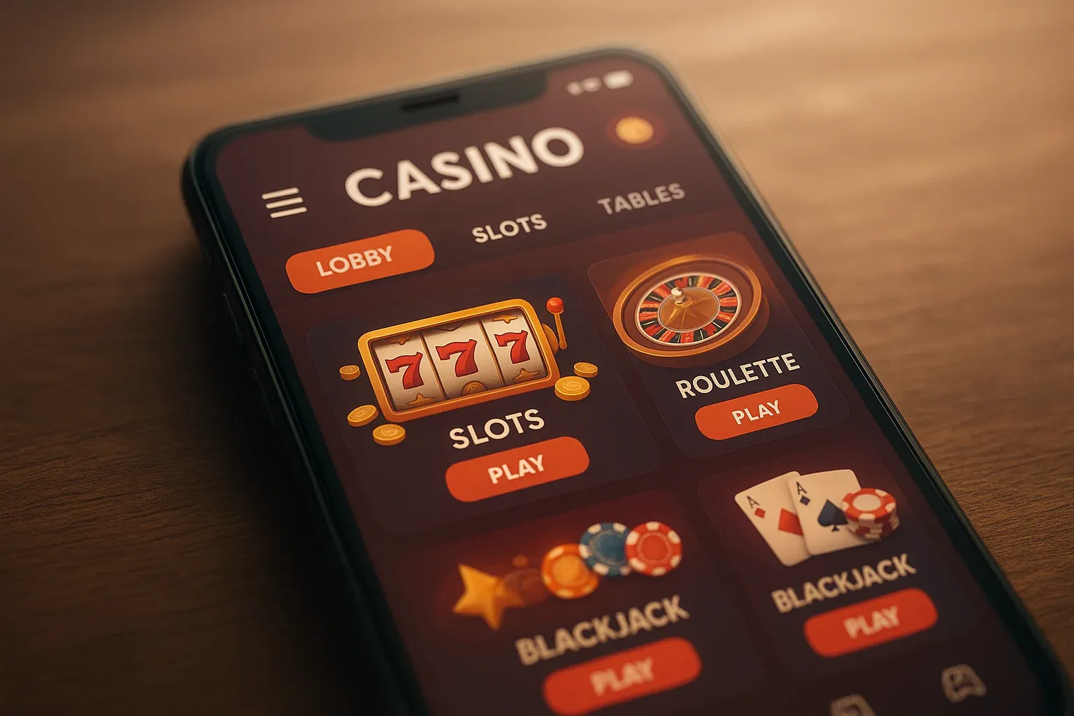 Smartphone displaying casino mobile app game lobby with vibrant modern UI