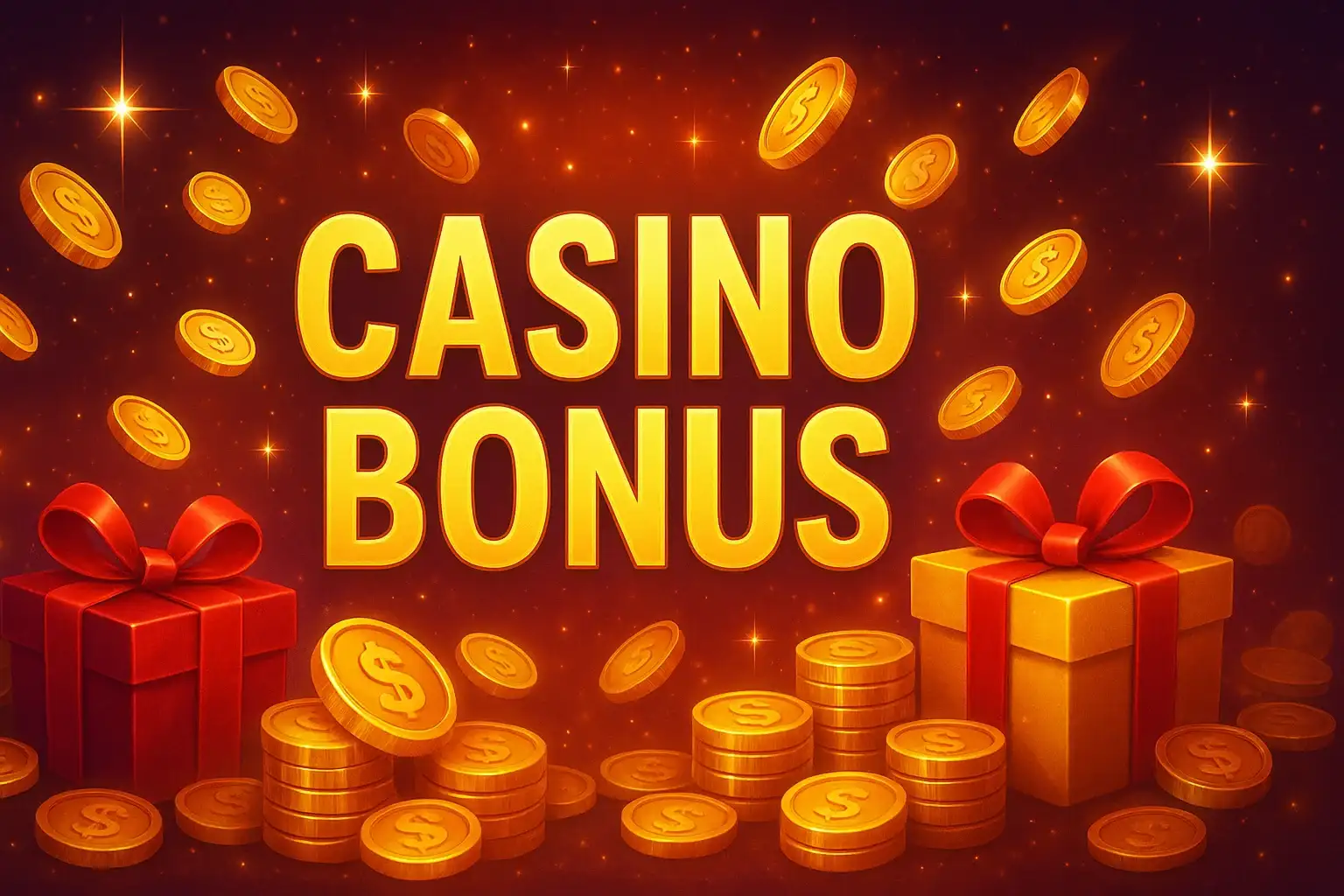Casino bonus banner with golden coins, gift boxes, and sparkle effects