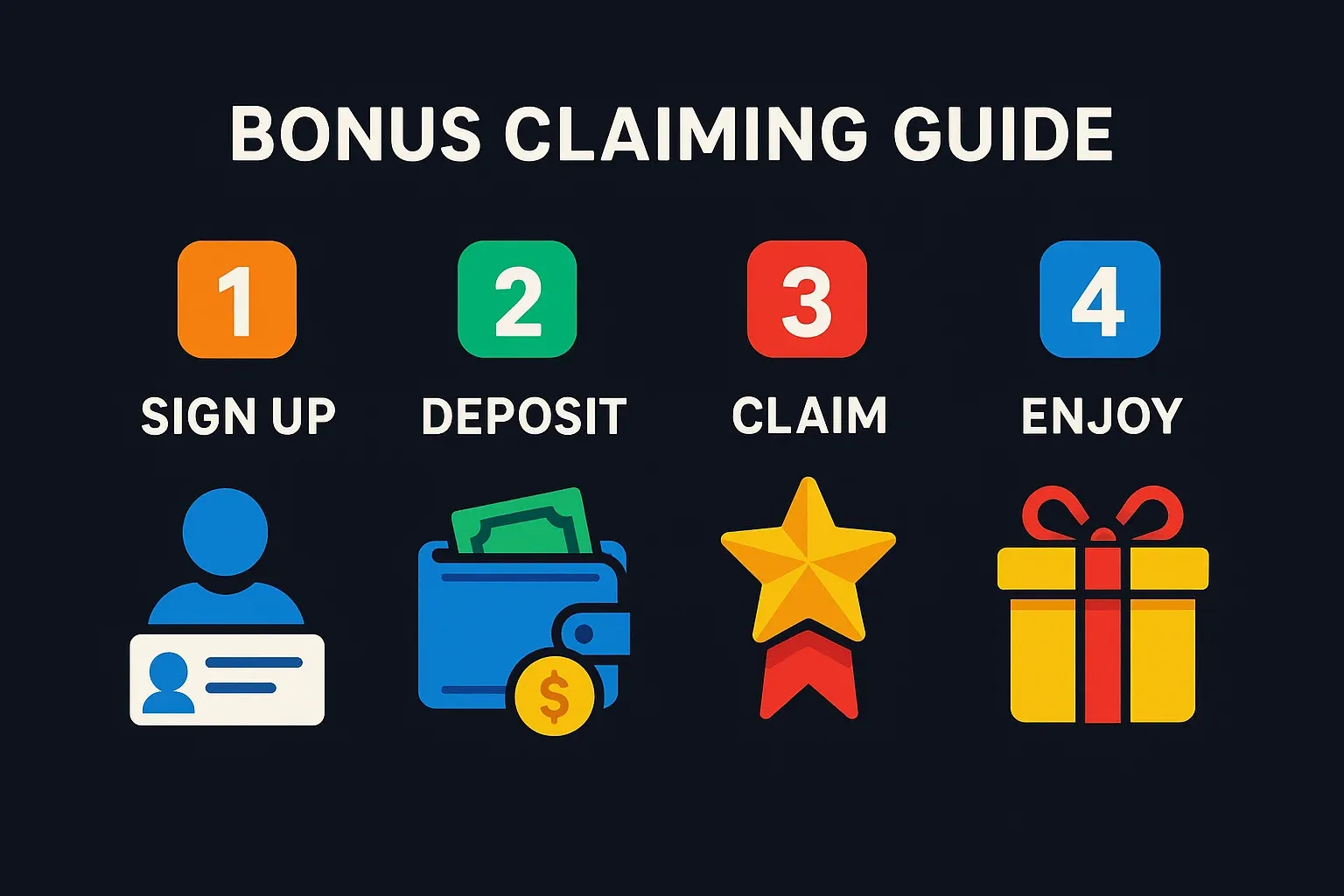 Step-by-step bonus claiming guide infographic with four numbered steps