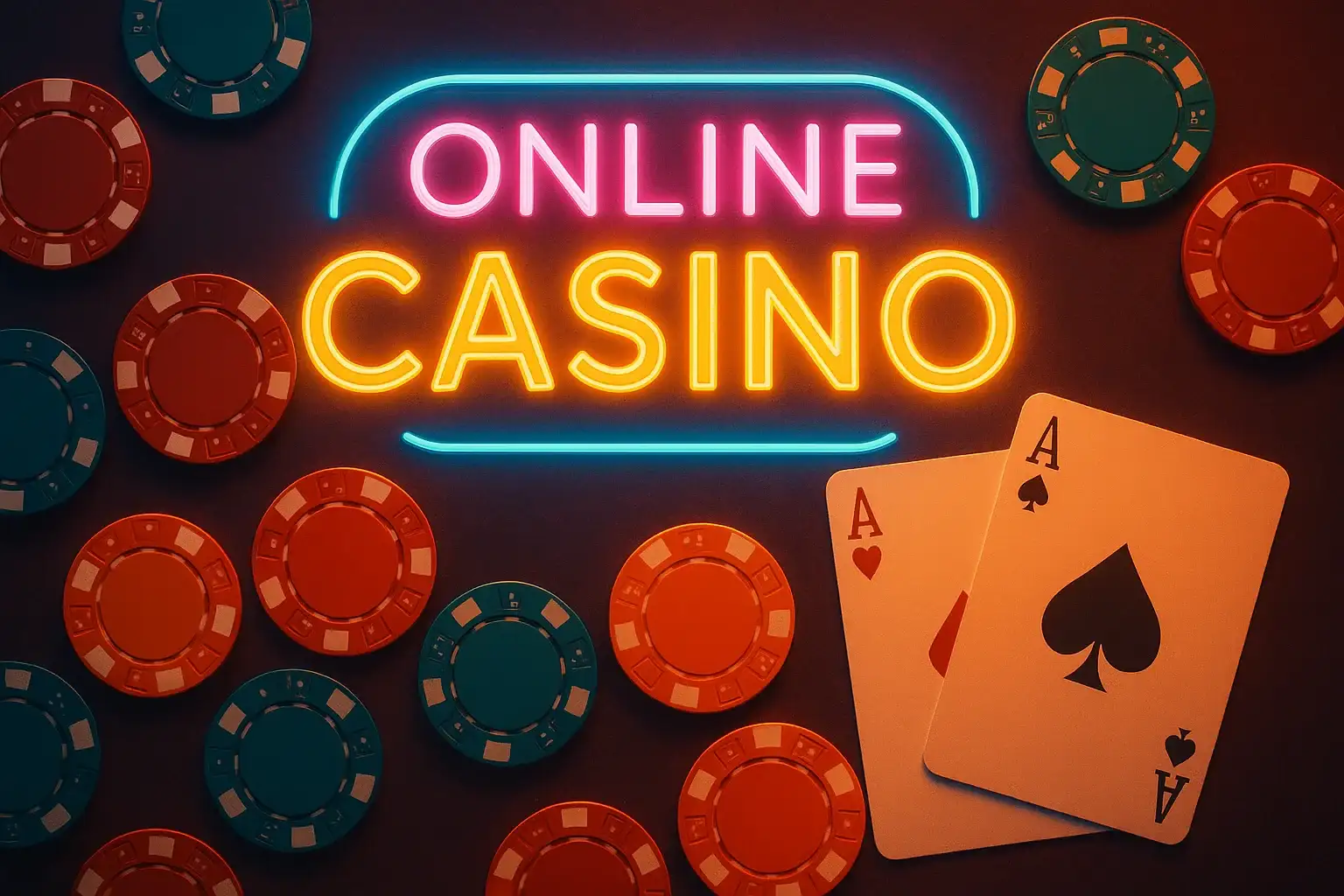Luxury online casino hero banner with neon lights, chips and cards
