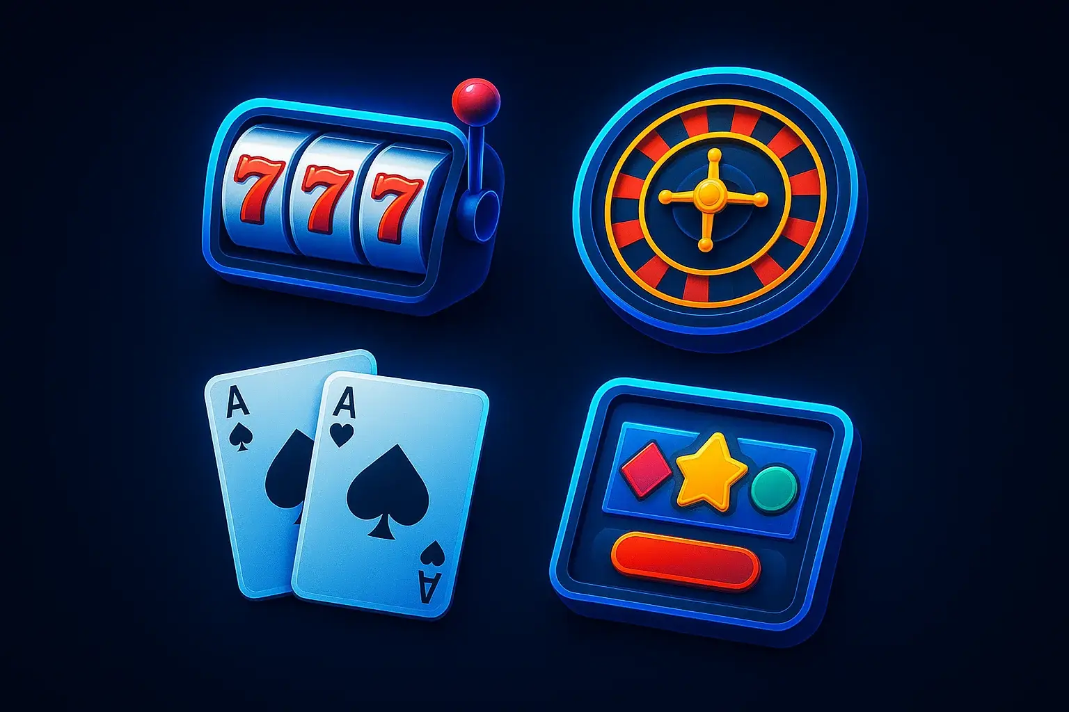 Popular casino game icons with roulette, cards, slots on dark background