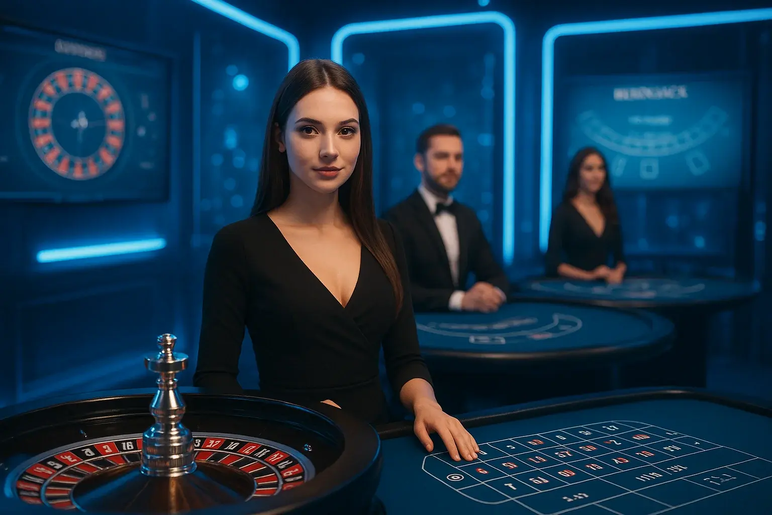 Elegant live casino studio with dealers, roulette and blackjack screens