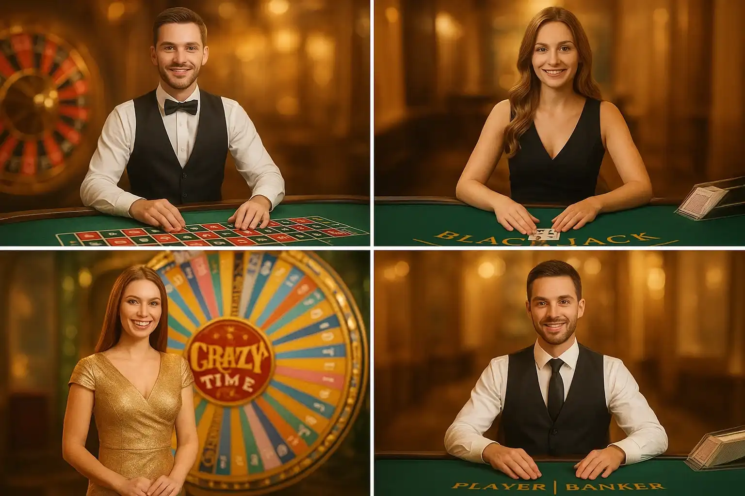 Live casino game cards with roulette, blackjack, Crazy Time, and dealer