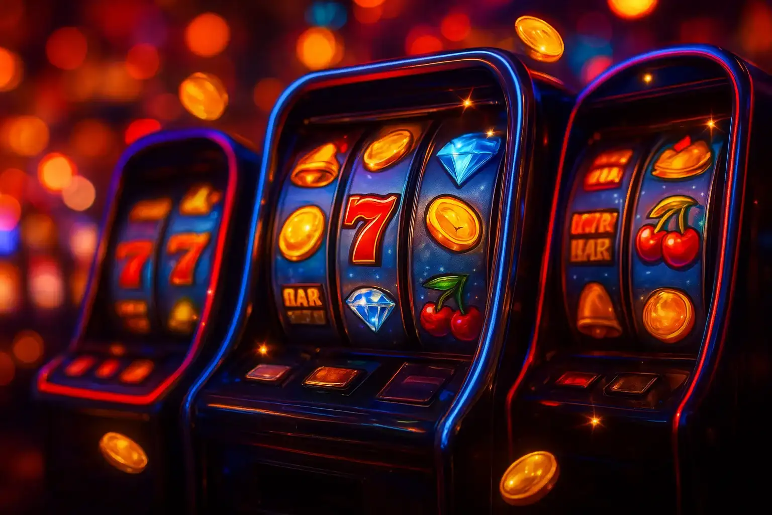 Colorful casino slot machines with coins, diamonds, sevens, and sparkles