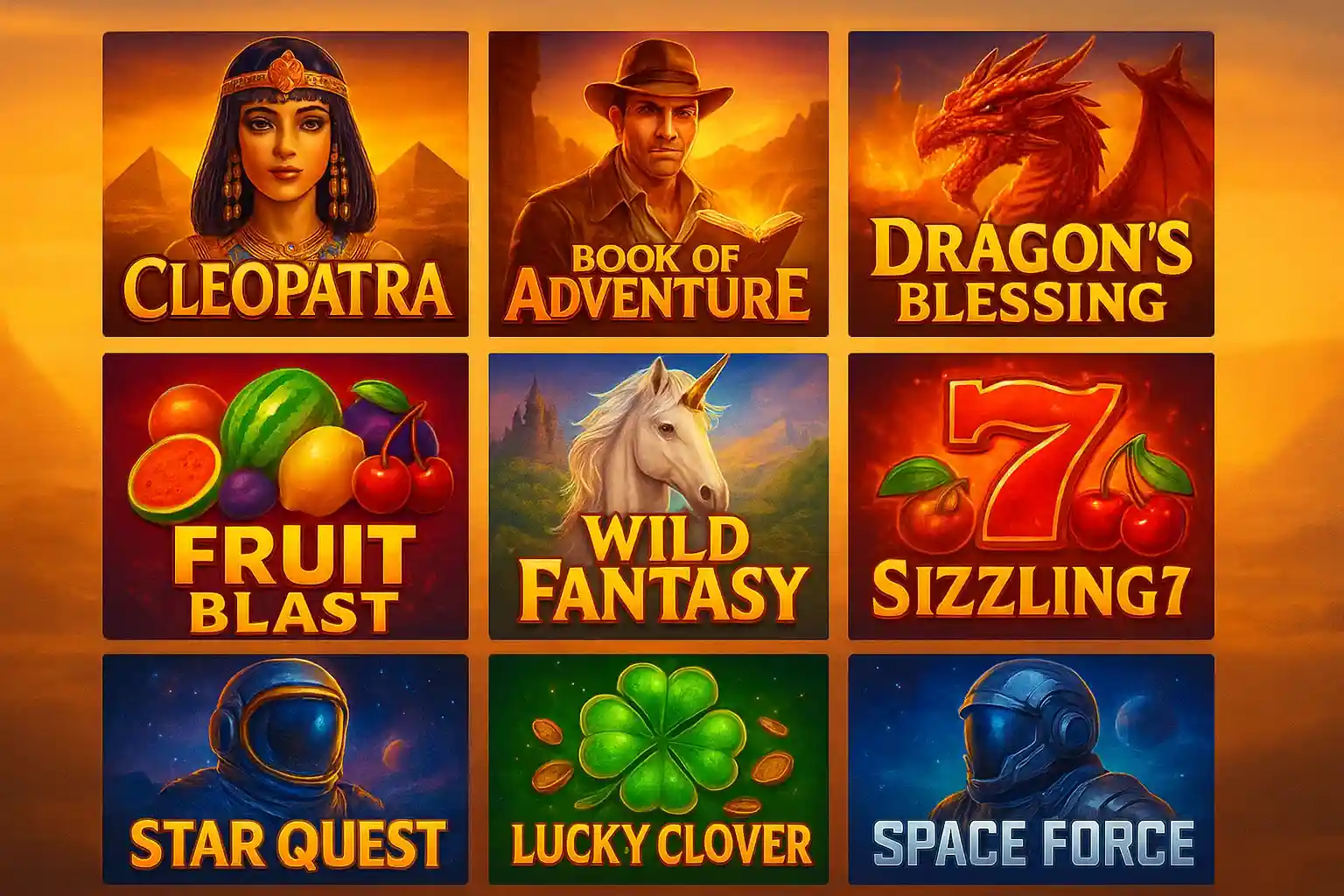 Grid of colorful slot game thumbnails with Egypt, fantasy, fruit, and sci-fi themes